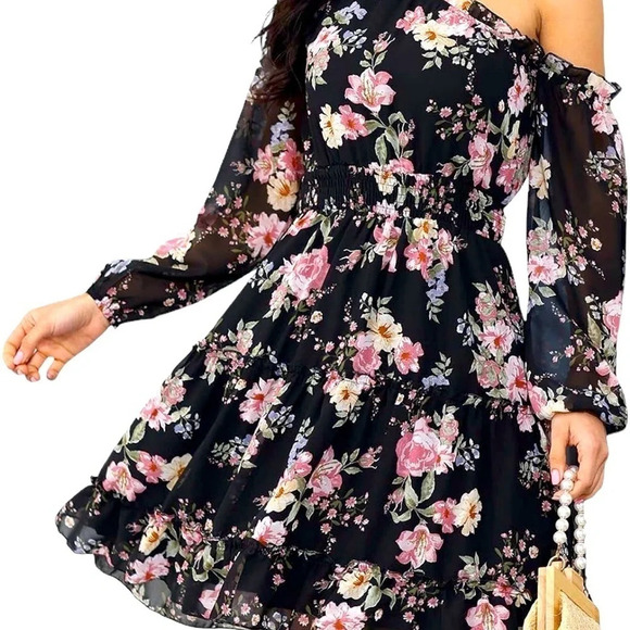 New Women’s One Shoulder Floral Dress Smocked Waist - Picture 3 of 7